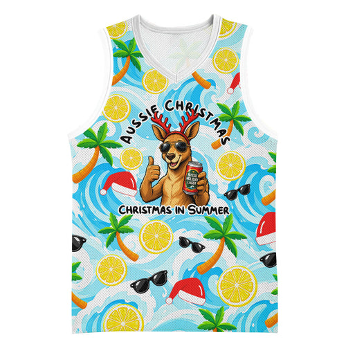 Aussie Christmas In Summer Basketball Jersey Surfing Santa And Kangaroo - Tropical Cartoon Beach