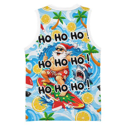 Aussie Christmas In Summer Basketball Jersey Surfing Santa And Kangaroo - Tropical Cartoon Beach