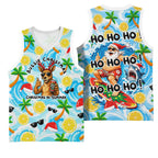 Aussie Christmas In Summer Basketball Jersey Surfing Santa And Kangaroo - Tropical Cartoon Beach