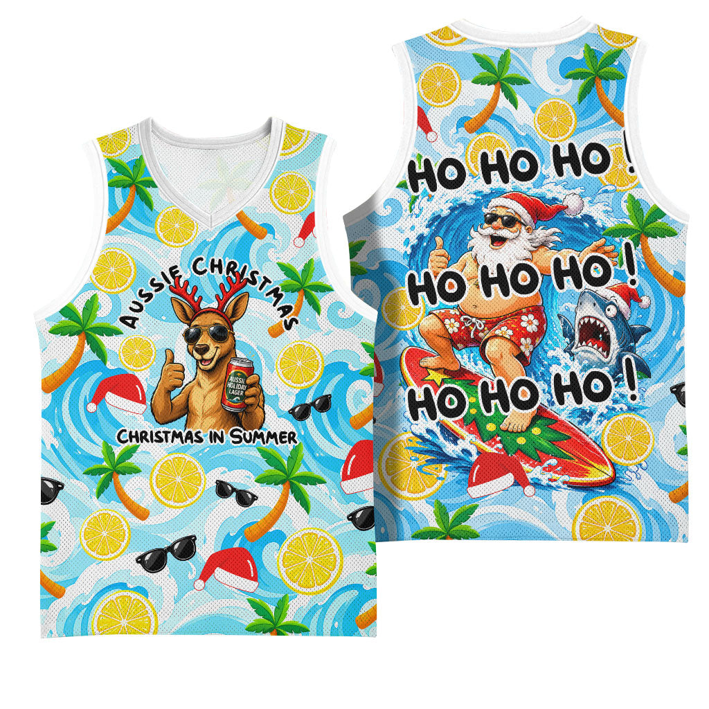 Aussie Christmas In Summer Basketball Jersey Surfing Santa And Kangaroo - Tropical Cartoon Beach