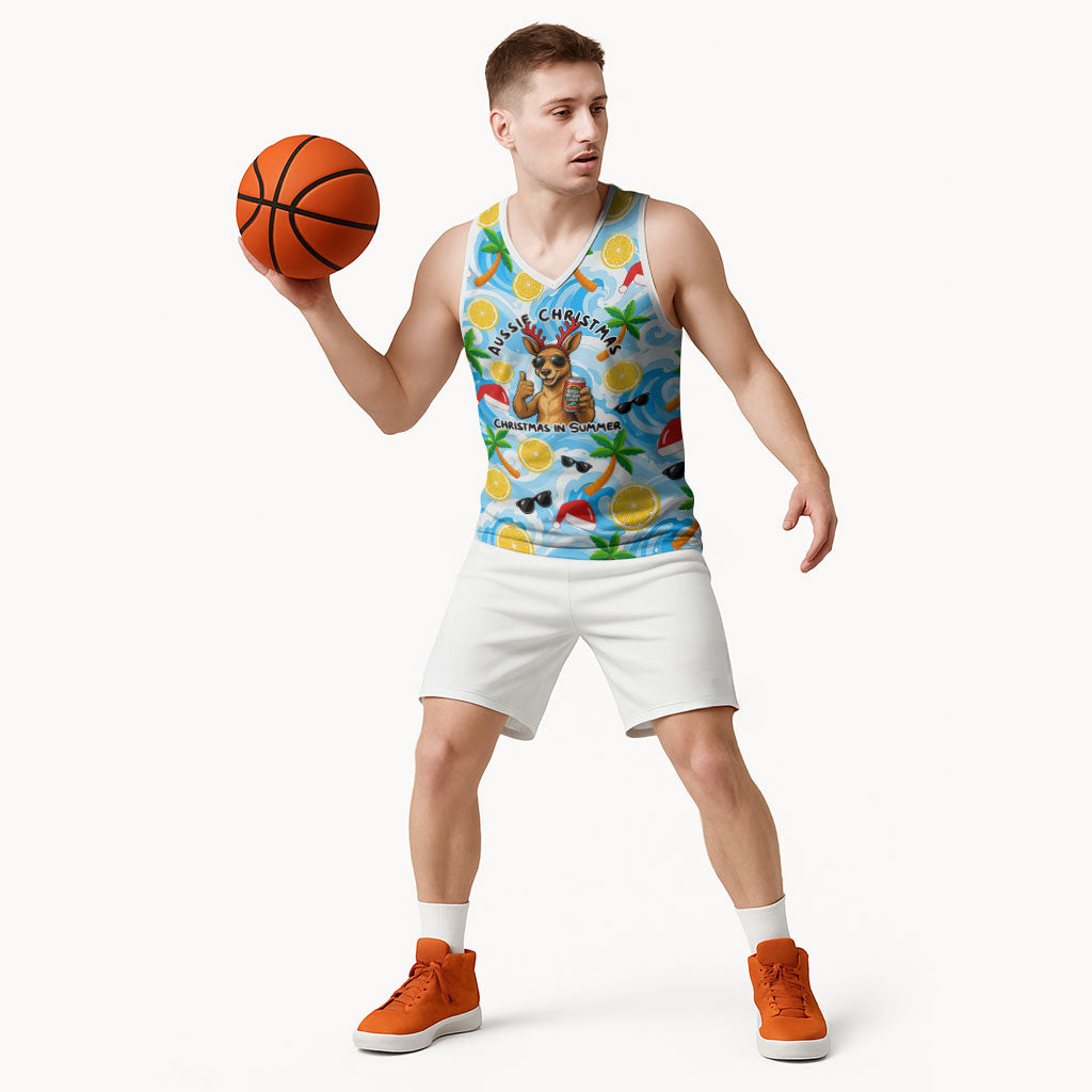 Aussie Christmas In Summer Basketball Jersey Surfing Santa And Kangaroo - Tropical Cartoon Beach