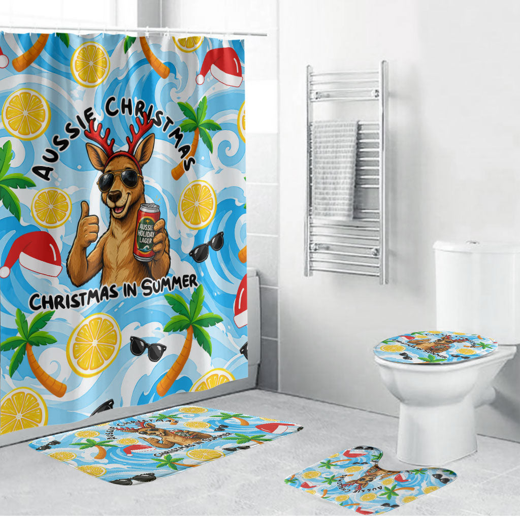 Aussie Christmas In Summer Bathroom Set Surfing Santa And Kangaroo - Tropical Cartoon Beach