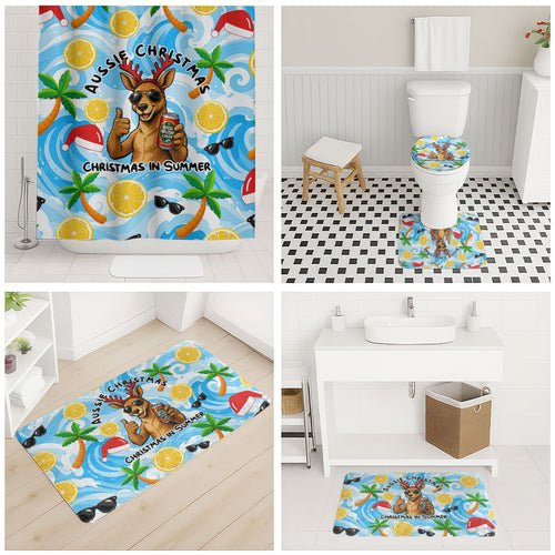 Aussie Christmas In Summer Bathroom Set Surfing Santa And Kangaroo - Tropical Cartoon Beach