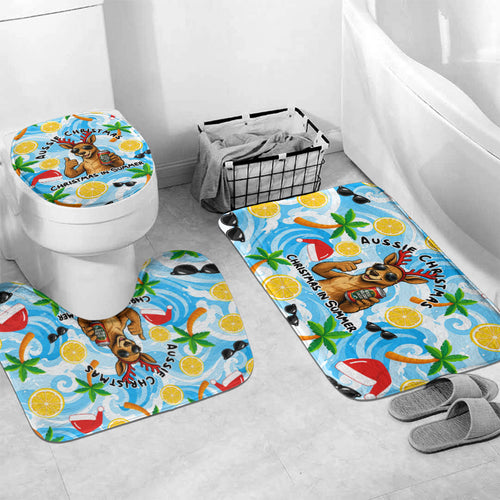 Aussie Christmas In Summer Bathroom Set Surfing Santa And Kangaroo - Tropical Cartoon Beach