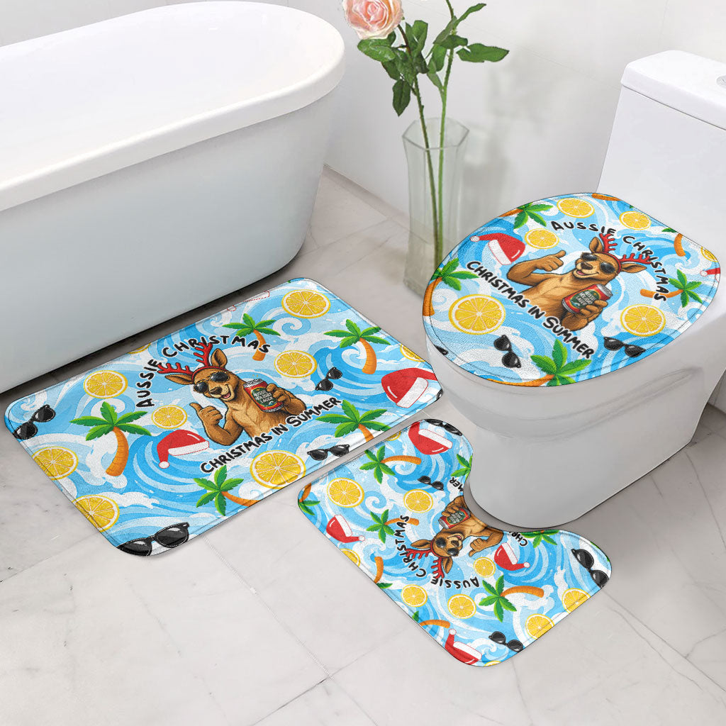 Aussie Christmas In Summer Bathroom Set Surfing Santa And Kangaroo - Tropical Cartoon Beach