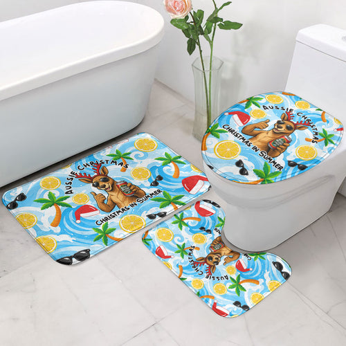 Aussie Christmas In Summer Bathroom Set Surfing Santa And Kangaroo - Tropical Cartoon Beach