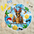 Aussie Christmas In Summer Beach Blanket Surfing Santa And Kangaroo - Tropical Cartoon Beach