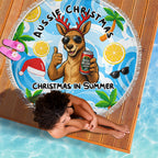 Aussie Christmas In Summer Beach Blanket Surfing Santa And Kangaroo - Tropical Cartoon Beach
