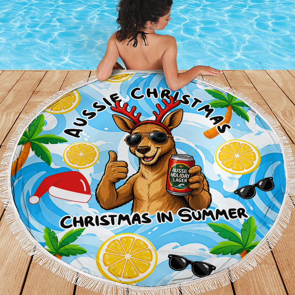 Aussie Christmas In Summer Beach Blanket Surfing Santa And Kangaroo - Tropical Cartoon Beach