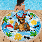 Aussie Christmas In Summer Beach Blanket Surfing Santa And Kangaroo - Tropical Cartoon Beach