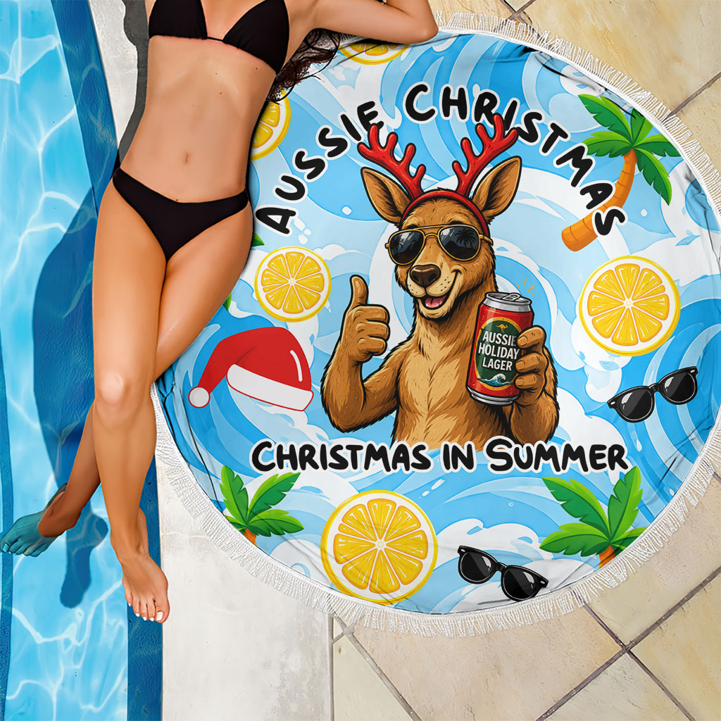 Aussie Christmas In Summer Beach Blanket Surfing Santa And Kangaroo - Tropical Cartoon Beach