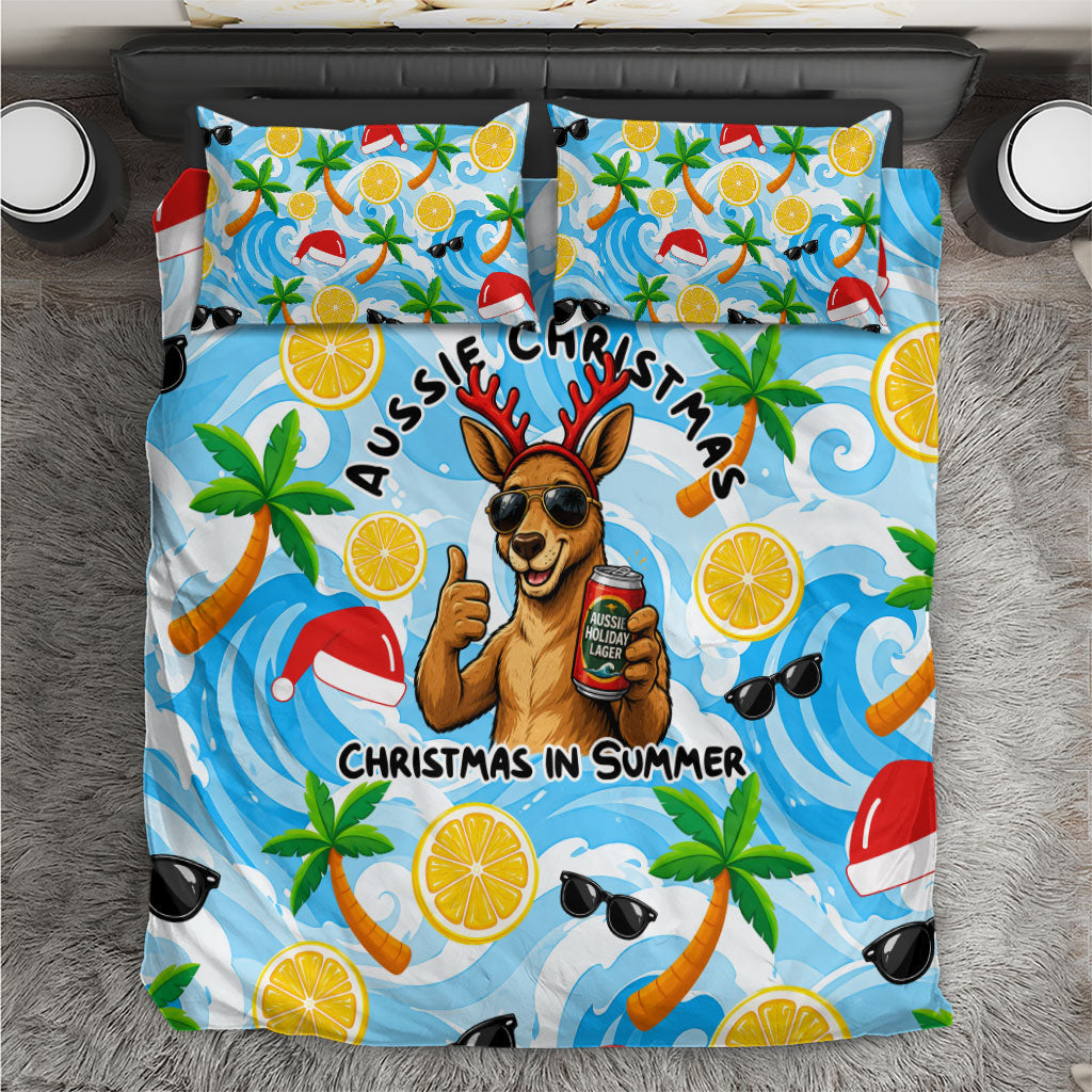 Aussie Christmas In Summer Bedding Set Surfing Santa And Kangaroo - Tropical Cartoon Beach
