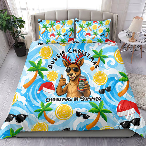 Aussie Christmas In Summer Bedding Set Surfing Santa And Kangaroo - Tropical Cartoon Beach