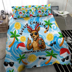 Aussie Christmas In Summer Bedding Set Surfing Santa And Kangaroo - Tropical Cartoon Beach