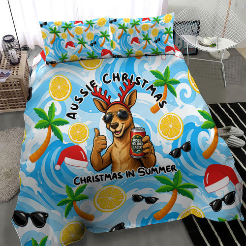 Aussie Christmas In Summer Bedding Set Surfing Santa And Kangaroo - Tropical Cartoon Beach