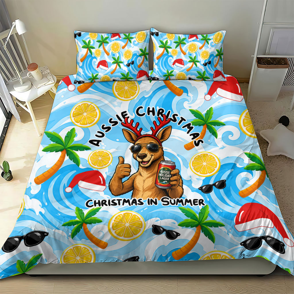 Aussie Christmas In Summer Bedding Set Surfing Santa And Kangaroo - Tropical Cartoon Beach