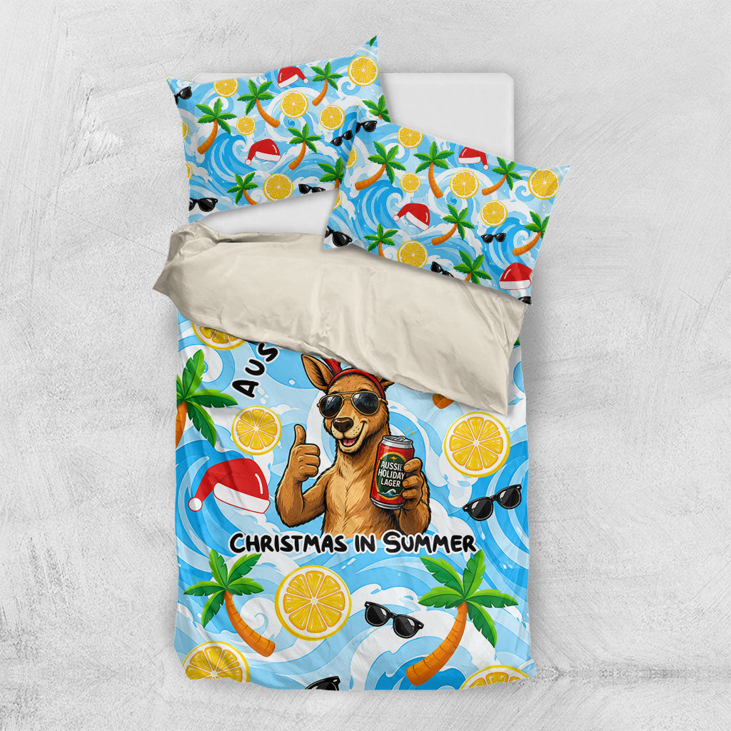 Aussie Christmas In Summer Bedding Set Surfing Santa And Kangaroo - Tropical Cartoon Beach
