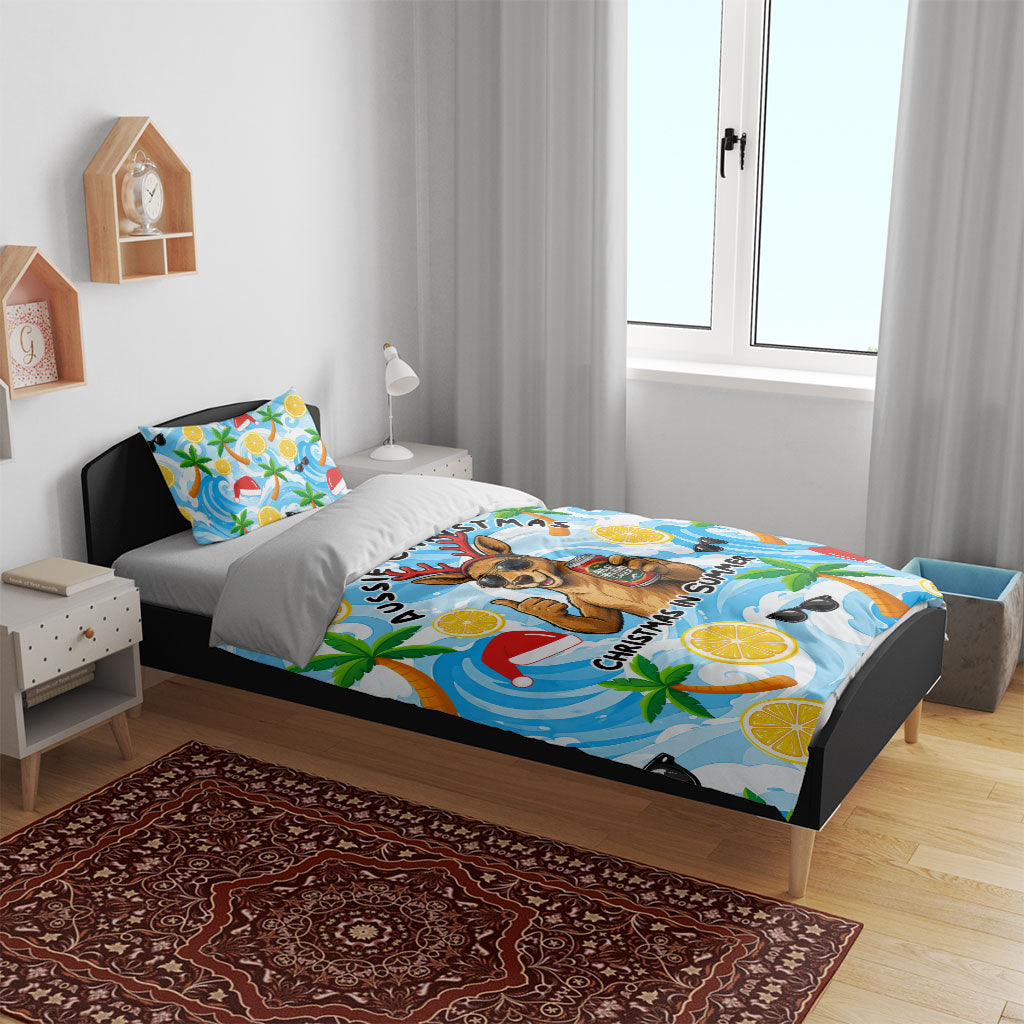 Aussie Christmas In Summer Bedding Set Surfing Santa And Kangaroo - Tropical Cartoon Beach