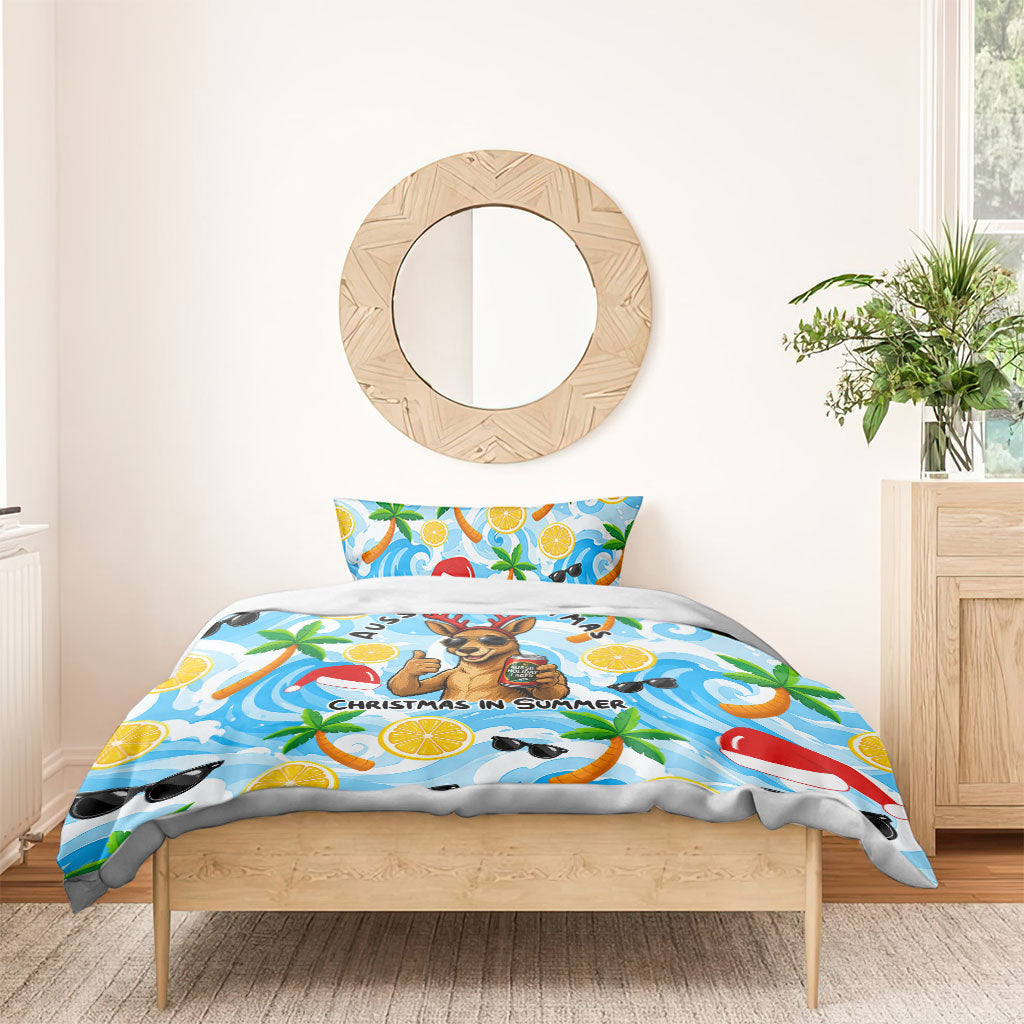 Aussie Christmas In Summer Bedding Set Surfing Santa And Kangaroo - Tropical Cartoon Beach