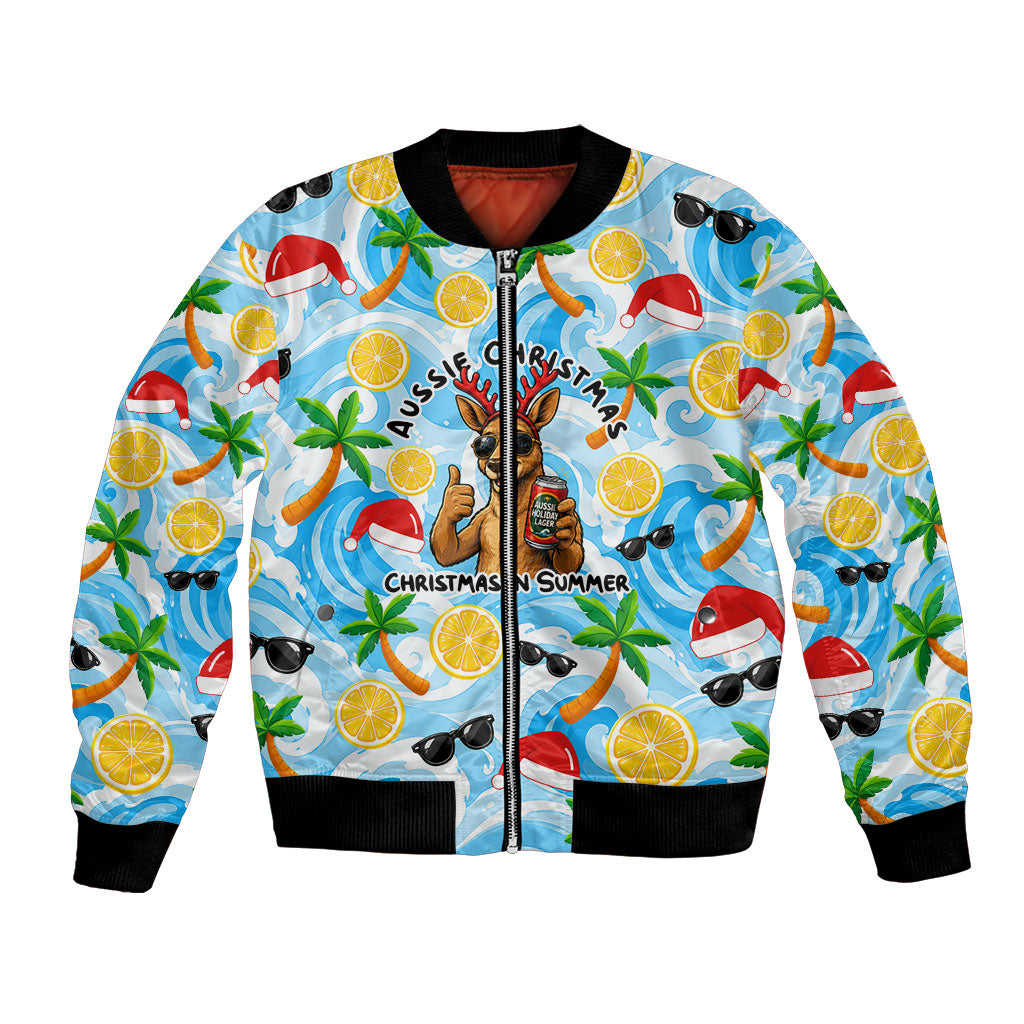 Aussie Christmas In Summer Bomber Jacket Surfing Santa And Kangaroo - Tropical Cartoon Beach