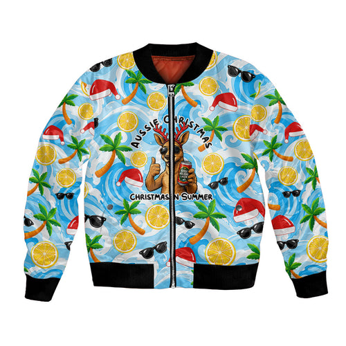 Aussie Christmas In Summer Bomber Jacket Surfing Santa And Kangaroo - Tropical Cartoon Beach
