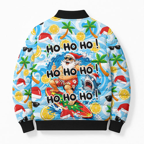 Aussie Christmas In Summer Bomber Puffer Jacket Surfing Santa And Kangaroo - Tropical Cartoon Beach