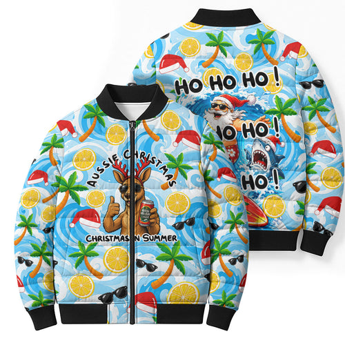 Aussie Christmas In Summer Bomber Puffer Jacket Surfing Santa And Kangaroo - Tropical Cartoon Beach