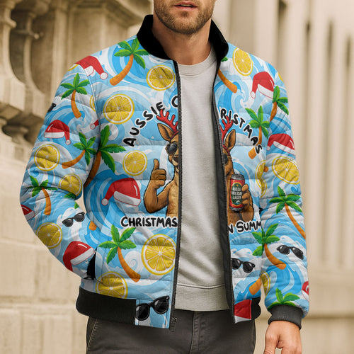 Aussie Christmas In Summer Bomber Puffer Jacket Surfing Santa And Kangaroo - Tropical Cartoon Beach
