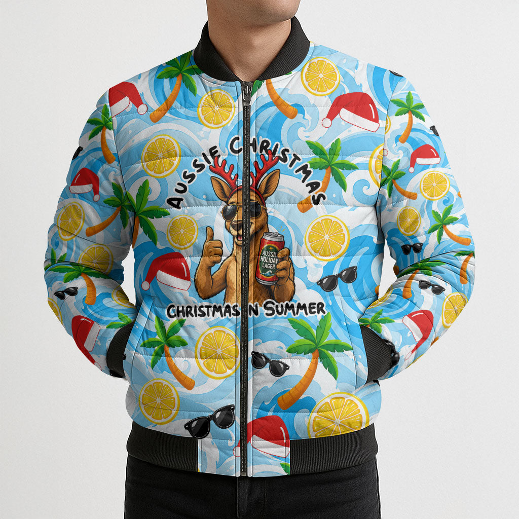 Aussie Christmas In Summer Bomber Puffer Jacket Surfing Santa And Kangaroo - Tropical Cartoon Beach