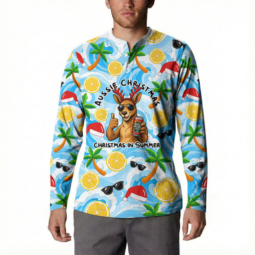 Aussie Christmas In Summer Button Sweatshirt Surfing Santa And Kangaroo - Tropical Cartoon Beach