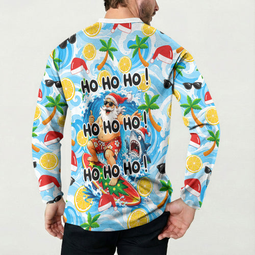 Aussie Christmas In Summer Button Sweatshirt Surfing Santa And Kangaroo - Tropical Cartoon Beach