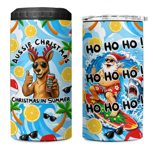 Aussie Christmas In Summer 4 in 1 Can Cooler Tumbler Surfing Santa And Kangaroo - Tropical Cartoon Beach