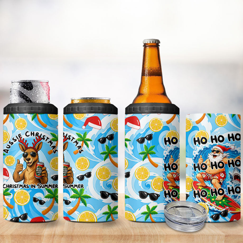 Aussie Christmas In Summer 4 in 1 Can Cooler Tumbler Surfing Santa And Kangaroo - Tropical Cartoon Beach