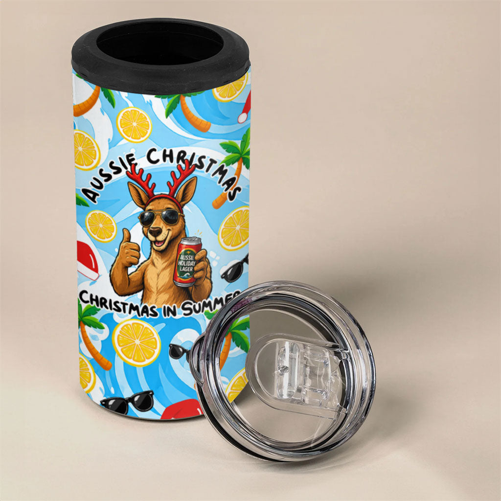 Aussie Christmas In Summer 4 in 1 Can Cooler Tumbler Surfing Santa And Kangaroo - Tropical Cartoon Beach