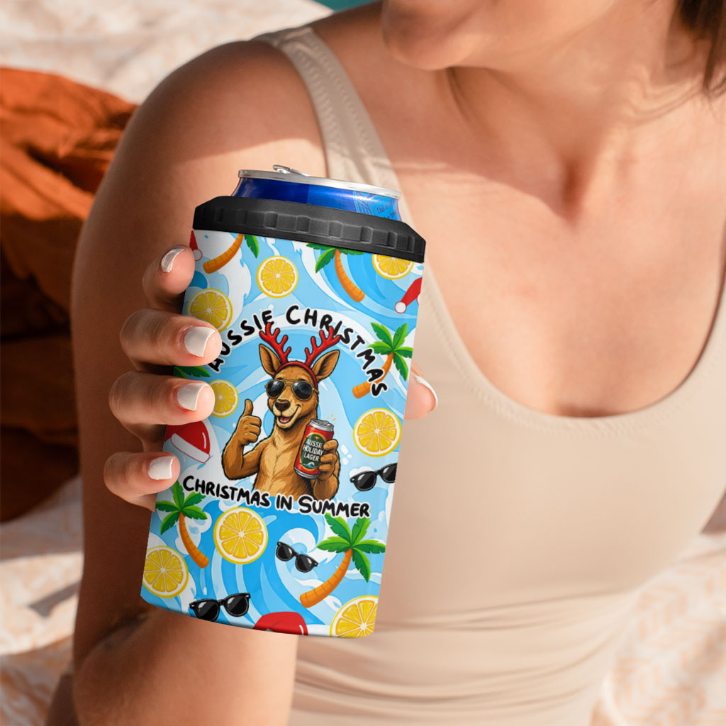 Aussie Christmas In Summer 4 in 1 Can Cooler Tumbler Surfing Santa And Kangaroo - Tropical Cartoon Beach