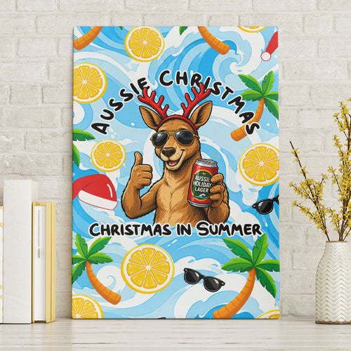 Aussie Christmas In Summer Canvas Wall Art Surfing Santa And Kangaroo - Tropical Cartoon Beach