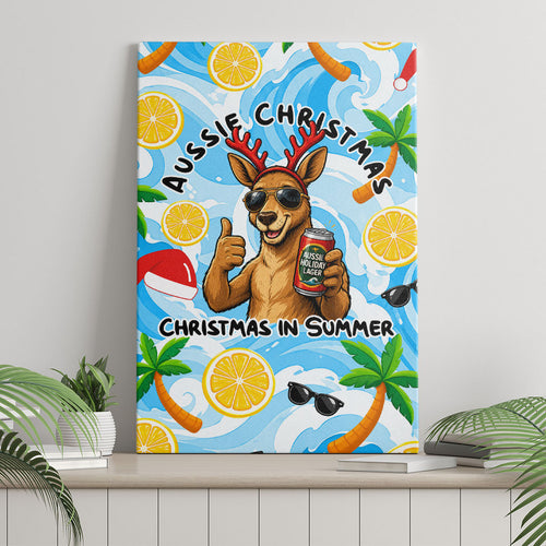 Aussie Christmas In Summer Canvas Wall Art Surfing Santa And Kangaroo - Tropical Cartoon Beach