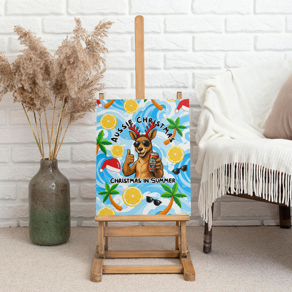 Aussie Christmas In Summer Canvas Wall Art Surfing Santa And Kangaroo - Tropical Cartoon Beach