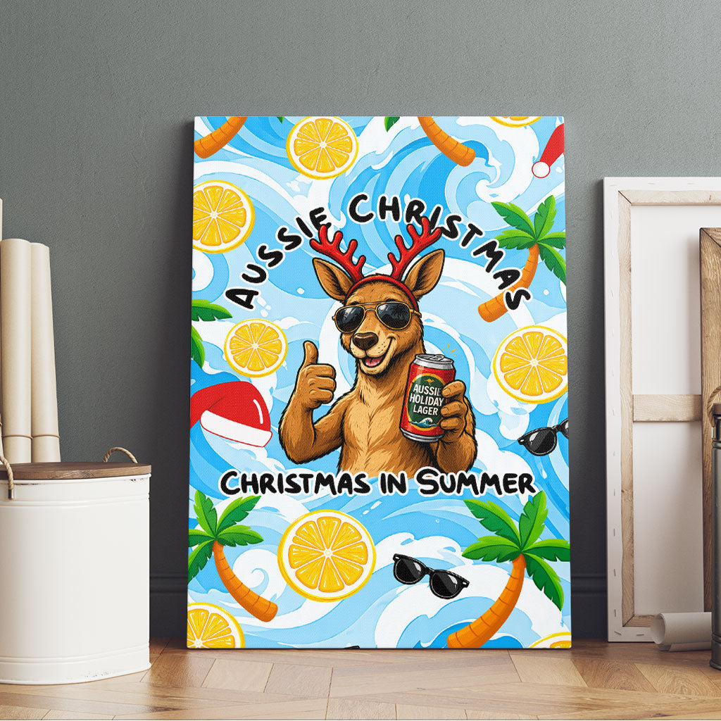 Aussie Christmas In Summer Canvas Wall Art Surfing Santa And Kangaroo - Tropical Cartoon Beach