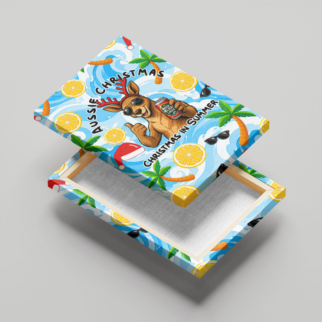 Aussie Christmas In Summer Canvas Wall Art Surfing Santa And Kangaroo - Tropical Cartoon Beach