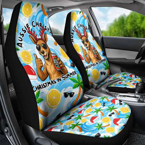 Aussie Christmas In Summer Car Seat Cover Surfing Santa And Kangaroo - Tropical Cartoon Beach