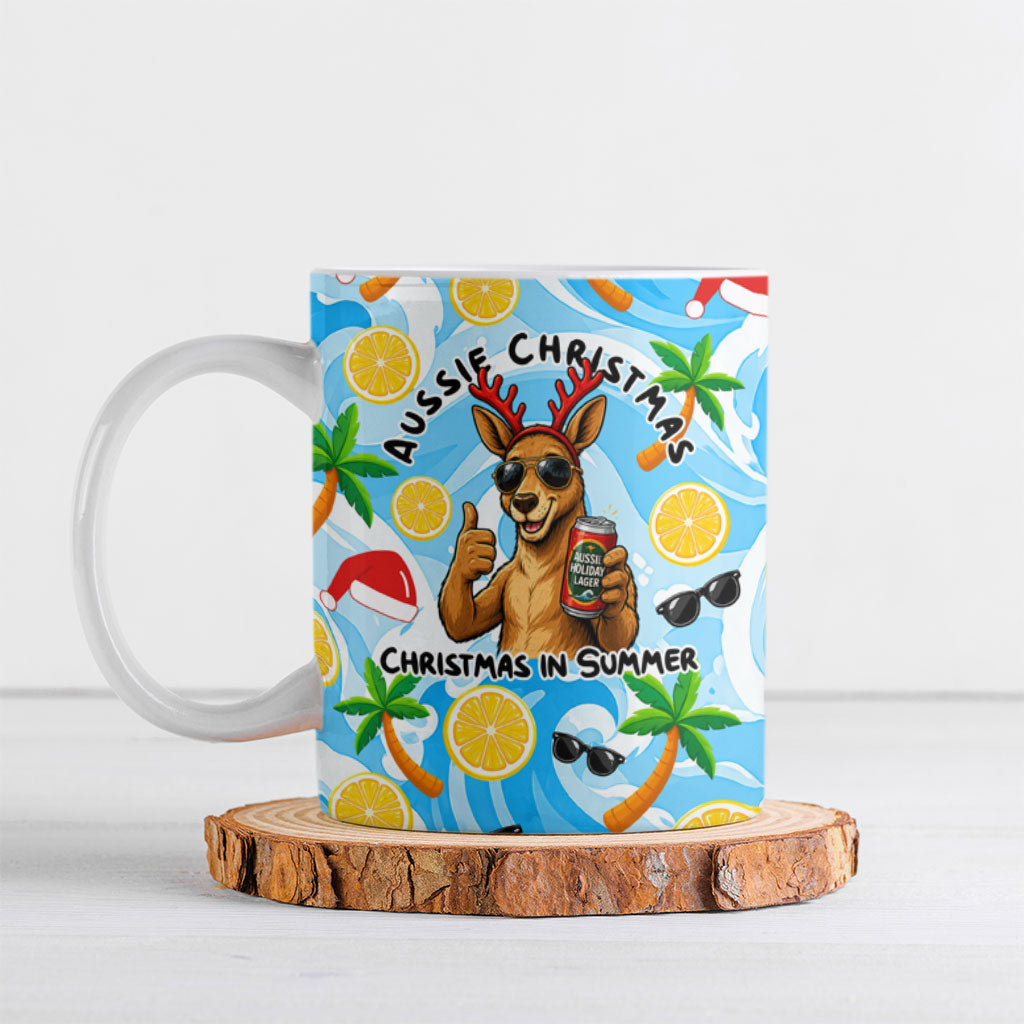 Aussie Christmas In Summer Ceramic Mug Surfing Santa And Kangaroo - Tropical Cartoon Beach