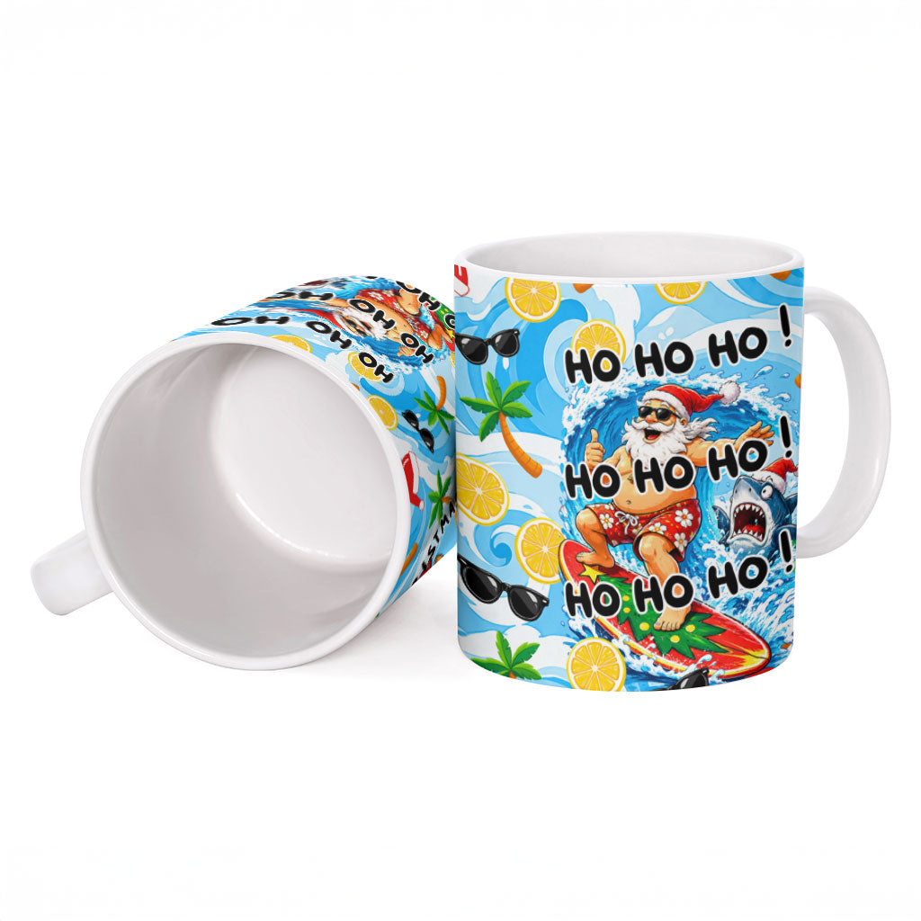Aussie Christmas In Summer Ceramic Mug Surfing Santa And Kangaroo - Tropical Cartoon Beach