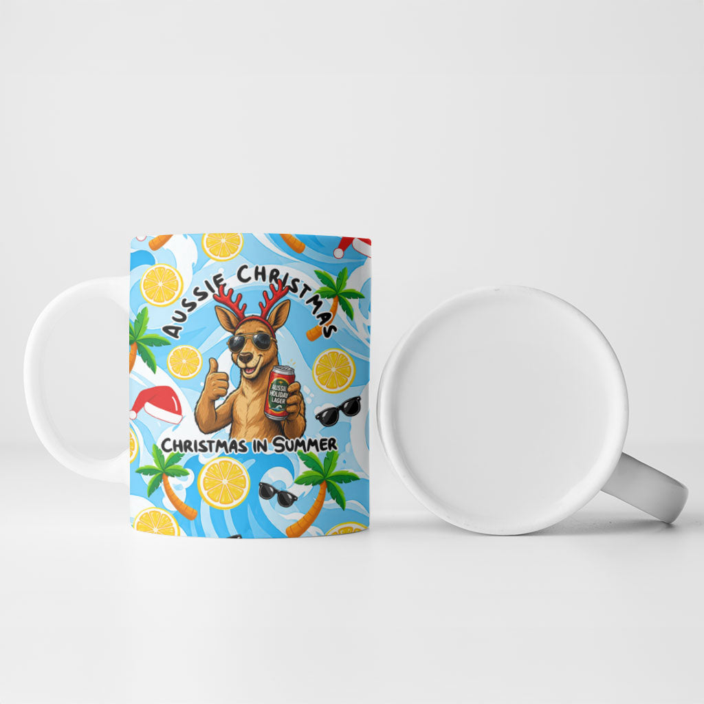 Aussie Christmas In Summer Ceramic Mug Surfing Santa And Kangaroo - Tropical Cartoon Beach