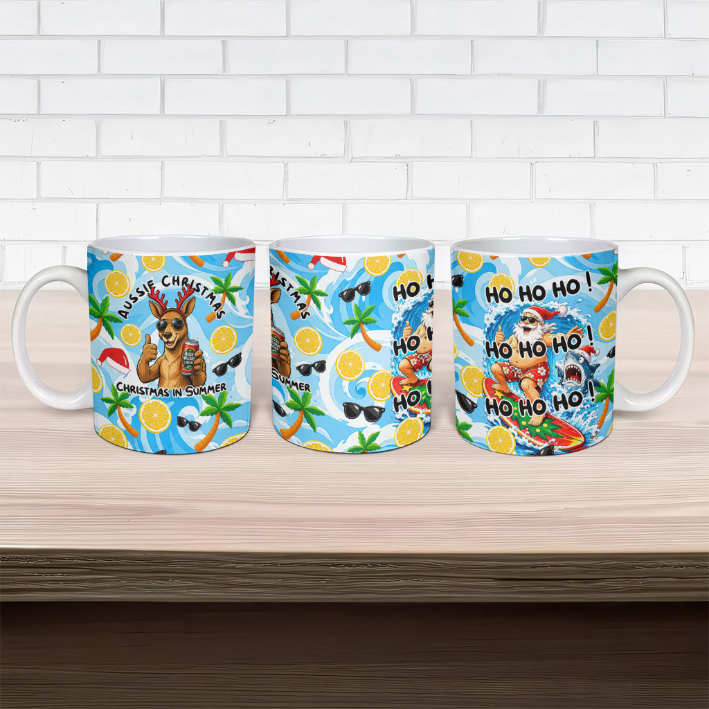 Aussie Christmas In Summer Ceramic Mug Surfing Santa And Kangaroo - Tropical Cartoon Beach
