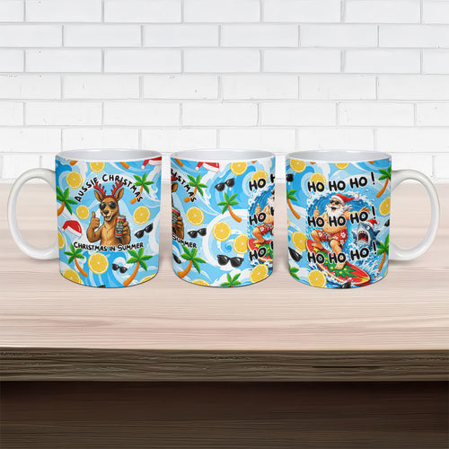Aussie Christmas In Summer Ceramic Mug Surfing Santa And Kangaroo - Tropical Cartoon Beach