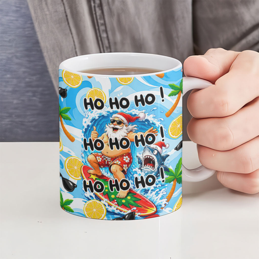Aussie Christmas In Summer Ceramic Mug Surfing Santa And Kangaroo - Tropical Cartoon Beach