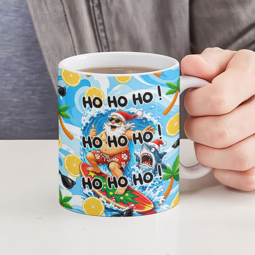 Aussie Christmas In Summer Ceramic Mug Surfing Santa And Kangaroo - Tropical Cartoon Beach