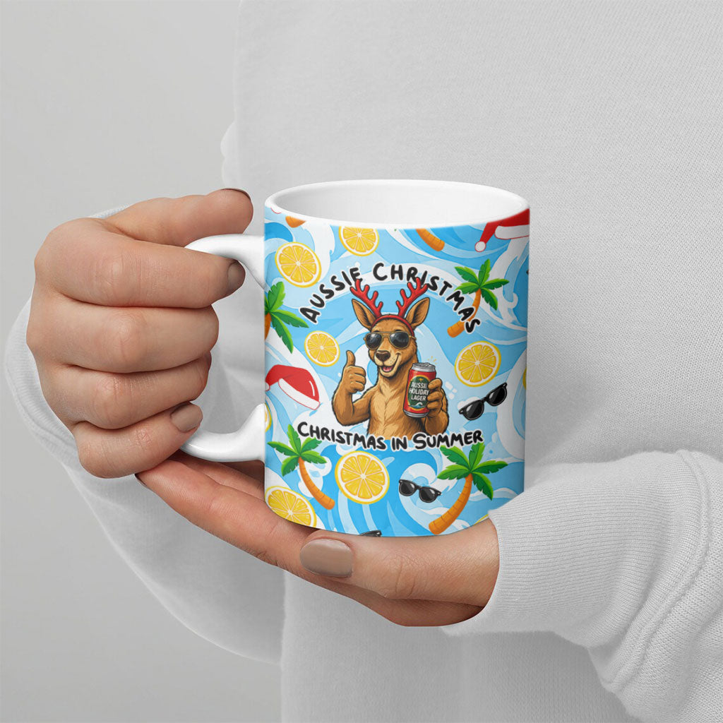 Aussie Christmas In Summer Ceramic Mug Surfing Santa And Kangaroo - Tropical Cartoon Beach