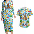 Aussie Christmas In Summer Couples Matching Long Sleeve Bodycon Dress and Hawaiian Shirt Surfing Santa And Kangaroo - Tropical Cartoon Beach